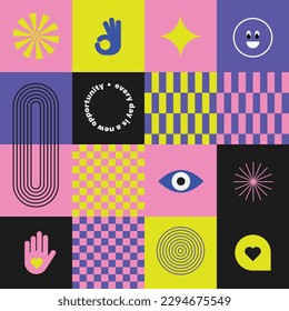 Trendy stickers Y2k. Checker board print Retro elements. Flat design. Bright colors and funky typography. Contrasting colors, zine aesthetic. Vectored shapes, retro vibes. Hand, eye and smile.