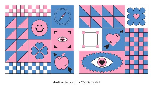 Trendy stickers Y2k. Checker board print Retro elements. Flat design. Bright colors and funky typography. Contrasting colors, zine aesthetic. Vectored shapes, retro vibes. Clever, eye and smile.