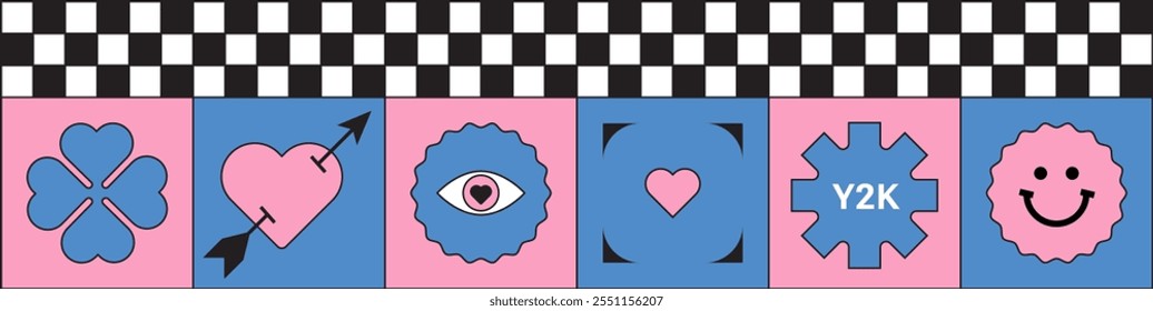 Trendy stickers Y2k. Checker board print, Retro elements. Flat design icons. Bright colors and funky typography. Contrasting colors, zine aesthetic. Vectored shapes, retro vibes. Heart, emoji, clever