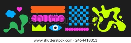 Trendy stickers Y2k. Flat design. Checker board print Retro elements. Bright colors and funky typography. Contrasting colors, zine aesthetic. Vectored shapes, retro vibes. bulb, eye and curve.
