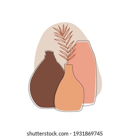 Trendy still life composition in warm pastel colors. Abstract poster with vases. Vector illustration.
