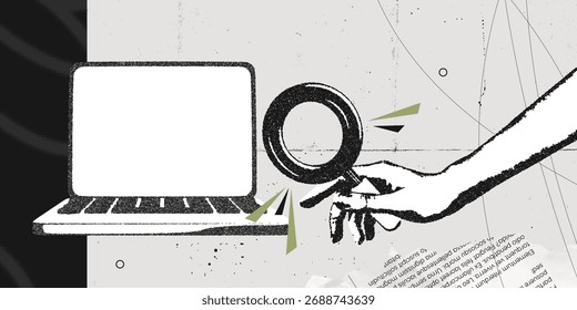 Trendy Stipple Halftone effect Computer laptop and hand holds magnifying glass. Search for information on internet. Find job online. Hr looking for employees. Vintage vector illustration art