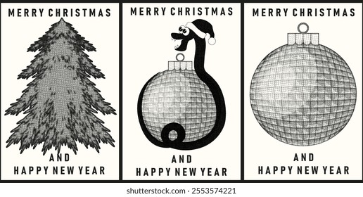 Trendy Stippling 2025 new year card cover template design . Christmas greeting posters set in modern Stipplism Halftone effect. Retro Halftone vector illustration. EPS 10