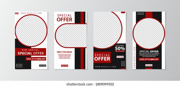 Trendy stories design template for fashion brand promotion on web app and social media template. with black and red color combination