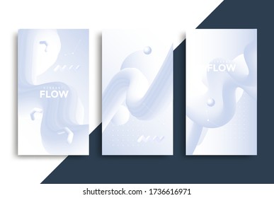 Trendy Stories template in Neumorphism style with gradient white wave. Vector neumorphic duotone background with geometric 3d shapes. Social media minimal compositions design.