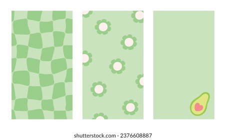 Trendy stories templates for social media. Set of vertical frames with groovy retro70s style design.  Flat vector calm green wallpapers