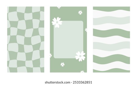 Trendy stories templates for social media. Set of vertical frames with groovy retro 70s style design. Backgrounds with white flower, wavy striped, checkered. Flat vector calm green wallpaper