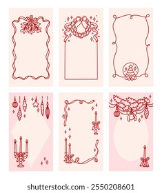 Trendy stories templates for social media. Set of vertical frames with Christmas tree garland, wreath, mistletoe, candles, candelabrum, Christmas vintage toys, coquette bow, snow globe, ribbon, stars