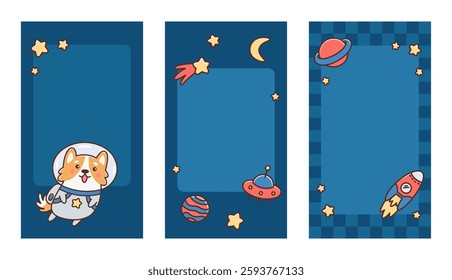 Trendy stories templates for social media. Set of vertical frames for Cosmonautics Day. Backgrounds with corgi dog astronaut or cosmonaut, stars, planets, rocket, moon. Flat vector space wallpapers