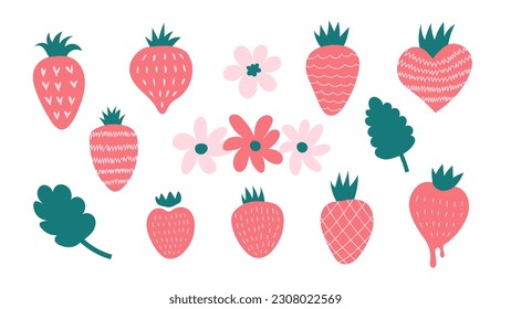 Un juego de fresa a la moda. Colección dibujada a mano con varias bayas de forma, hojas y flores. Ilustración vectorial de fresa texturada moderna