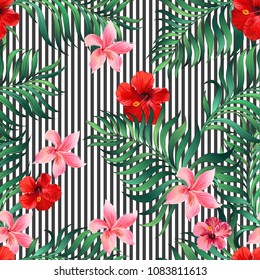 Trendy stripe seamless pattern with tropical leaves and flowers. Summer decorative vector background.