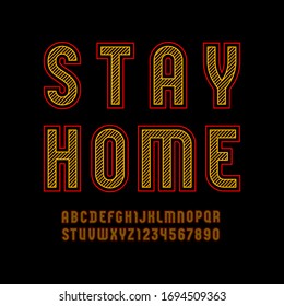 Trendy striped font, bright alphabet sans serif, modern uppercase Latin letters from A to Z and Arab numbers from 0 to 9 for you designs, vector illustration 10EPS