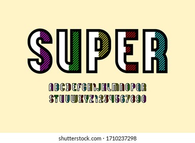 Trendy striped font, colored alphabet sans serif, modern uppercase Latin letters from A to Z and Arab numbers from 0 to 9 for you designs, vector illustration 10EPS