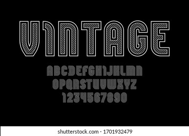 Trendy striped font, gray alphabet sans serif, modern uppercase Latin letters from A to Z and Arab numbers from 0 to 9 for you designs, vector illustration 10EPS