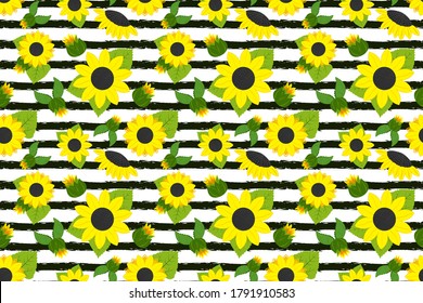 Trendy striped sunflower vector seamless pattern. Bright yellow flowers on black and white backdrop. Juicy summer illustration for fabric, textile, cover, wallpaper, calendar. EPS 10