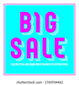 Trendy stripped font, bright colored alphabet sans serif, modern uppercase letters and numbers with shadow, vector illustration 10EPS