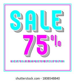Trendy stripped font, bright colored alphabet sans serif, modern uppercase letters and numbers with gray shadow, vector illustration 10EPS