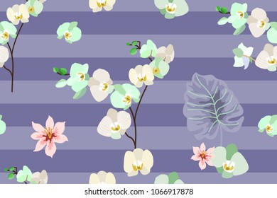 Trendy stripped pattern with blooming orchids and tropical leaves. Seamless botanical print with oriental motifs. Blue, violet.