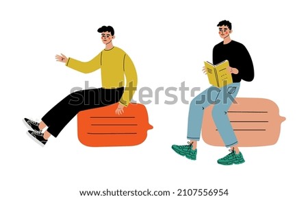Trendy Student Character with Open Book Searching for Answer and Idea Vector Set