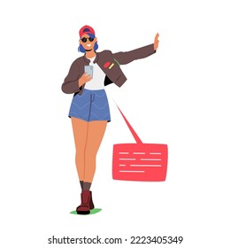 Trendy Student Girl Character Texting Sms or Call on Mobile Phone. Young Woman Chatting and Messaging in Social Network, Send Messages to Friends Use Cellular Technology. Cartoon Vector Illustration