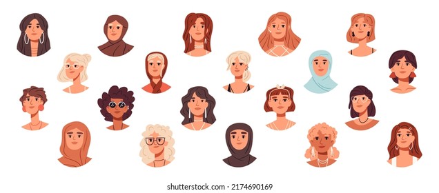 Trendy stunning women avatars, beautiful girls portraits. Fashionable young women faces, cute female characters flat vector illustrations set. Female avatars bundle