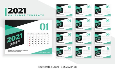 trendy style 2021 calendar design template in turquoise color
