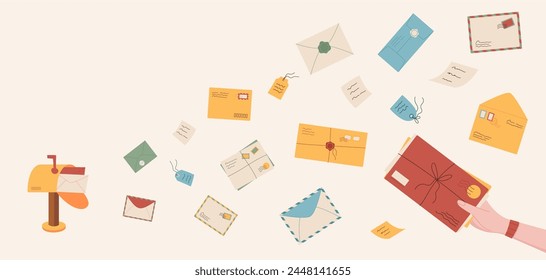 Trendy style craft envelope design concept drawing, creative greeting mail template background, hand holding flat postcard and cartoon handwritten letter flying from mailbox illustration.