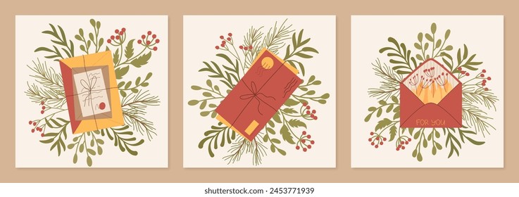 Trendy style craft square post card background, cartoon greeting social media postcard design, flat paper mail background template, creative handmade letter illustration with plants and leaves,