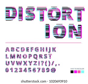 Trendy style distorted glitch typeface. Letters and numbers vector illustration. Glitch font design.
