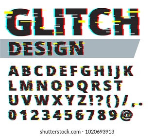 Trendy style distorted glitch typeface. Letters and numbers vector illustration. Glitch font design.