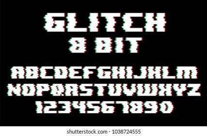 Trendy style distorted glitch typeface. Letters and numbers vector illustration.