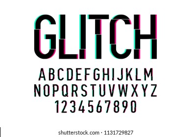Trendy style distorted glitch typeface. Letters and numbers vector illustration.