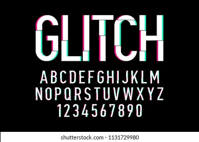 Trendy style distorted glitch typeface. Letters and numbers vector illustration.