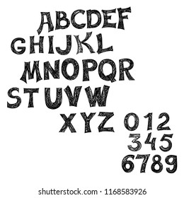 Trendy style distorted glitch typeface. Zentangle stylized alphabet. Letters and numbers vector illustration. Doodle font design.