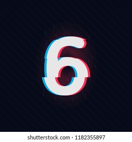 Trendy style distorted glitch typeface number 6, six. Numbers vector illustration. Stock vector