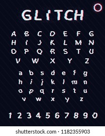 Trendy style distorted glitch typeface. Letters and numbers vector illustration.