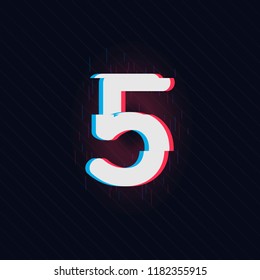 Trendy style distorted glitch typeface number 5, five. Numbers vector illustration. Stock vector