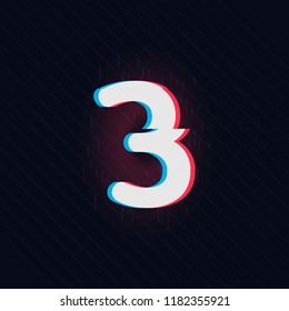 Trendy style distorted glitch typeface number 3, three. Numbers vector illustration. Stock vector