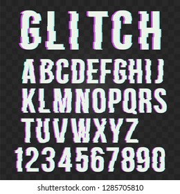 Trendy style distorted glitch typeface alphabet. Letters and numbers: A to Z and numbers from 0 to 9. Green and red channels. 