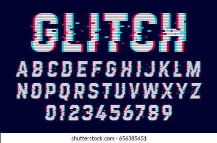Trendy Style Distorted Glitch Typeface. Letters And Numbers Vector Illustration.