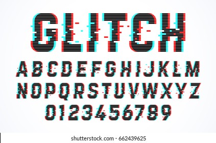 Trendy style distorted glitch typeface. Letters and numbers vector illustration.