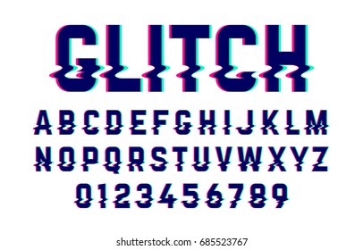 Trendy Style Distorted Glitch Typeface. Letters And Numbers Vector Illustration.