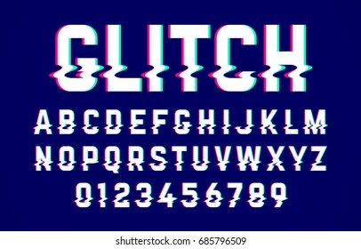 Trendy Style Distorted Glitch Typeface. Letters And Numbers Vector Illustration.