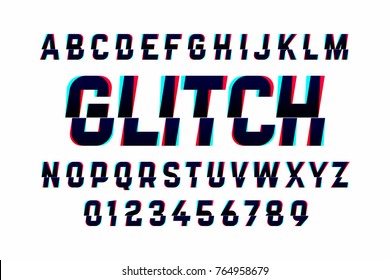 Trendy style distorted glitch typeface. Letters and numbers, vector.