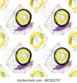 Trendy style geometric elements Memphis. Retro style of texture, pattern with watercolor spots.