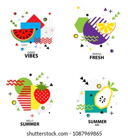 Trendy style geometric pattern with fruit (strawberry, orange, tangerine, pear, watermelon) vector illustration with line elements and abstract geometric figures. Design background
