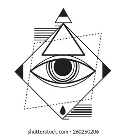Trendy style geometric tattoo design, hipster trend, symbolic meaning geometrical illustration. Aztec or indian diagram with eye and triangle