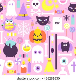 Trendy Style Halloween Seamless Pattern. Flat Design Vector Modern Tile Texture Background. Trick or Treat.