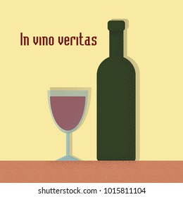 Trendy style hipster vector illustration, typographic poster with bottle of wine and a glass quote. In vino veritas. Vintage print design, home decoration, greeting card.