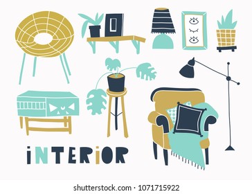 Trendy style interior. Hand drawn vector set. All elements are isolated